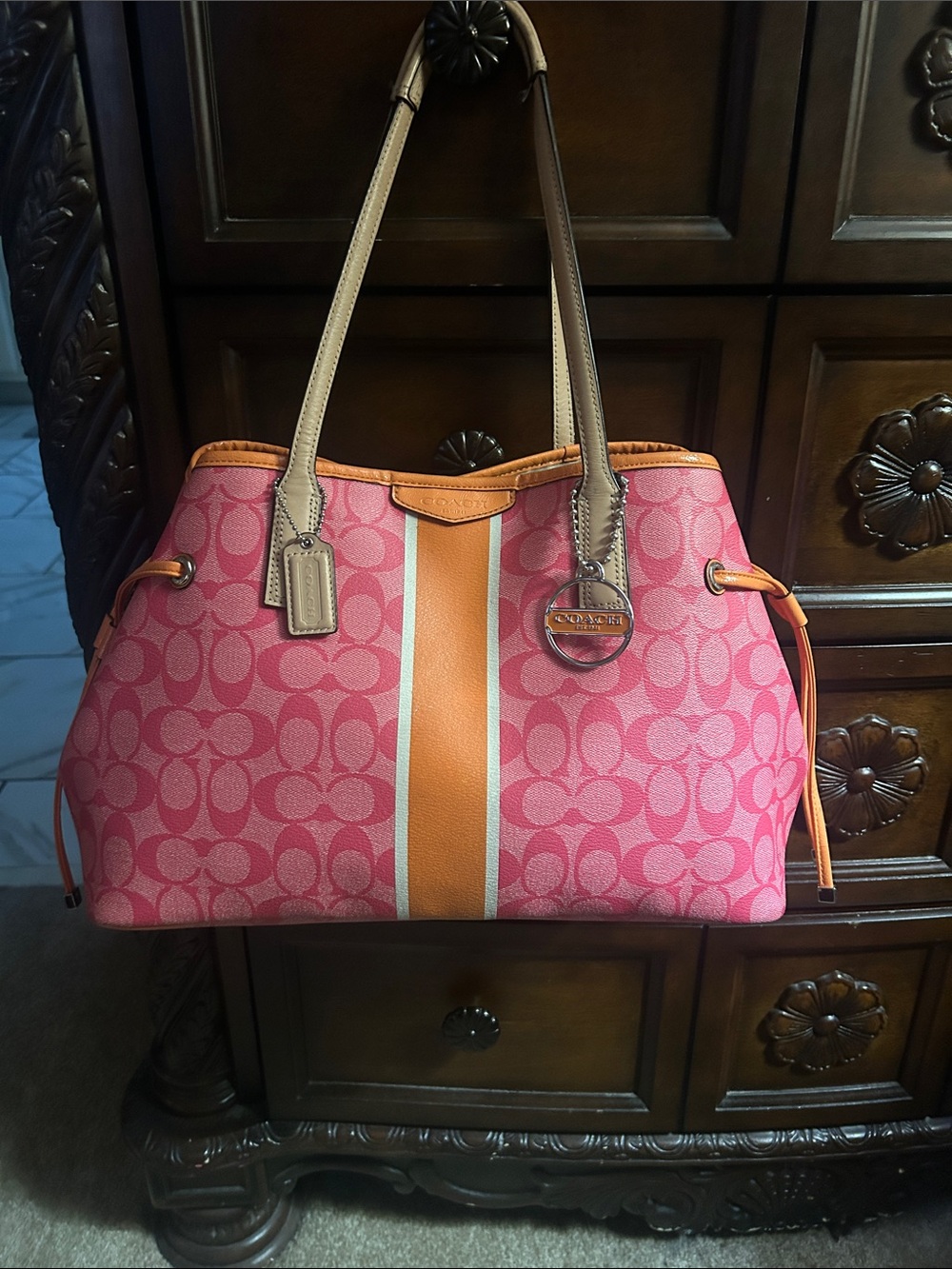 Coach Pink Signature Shoulder Tote with Orange Center Stripe and Tan Handles